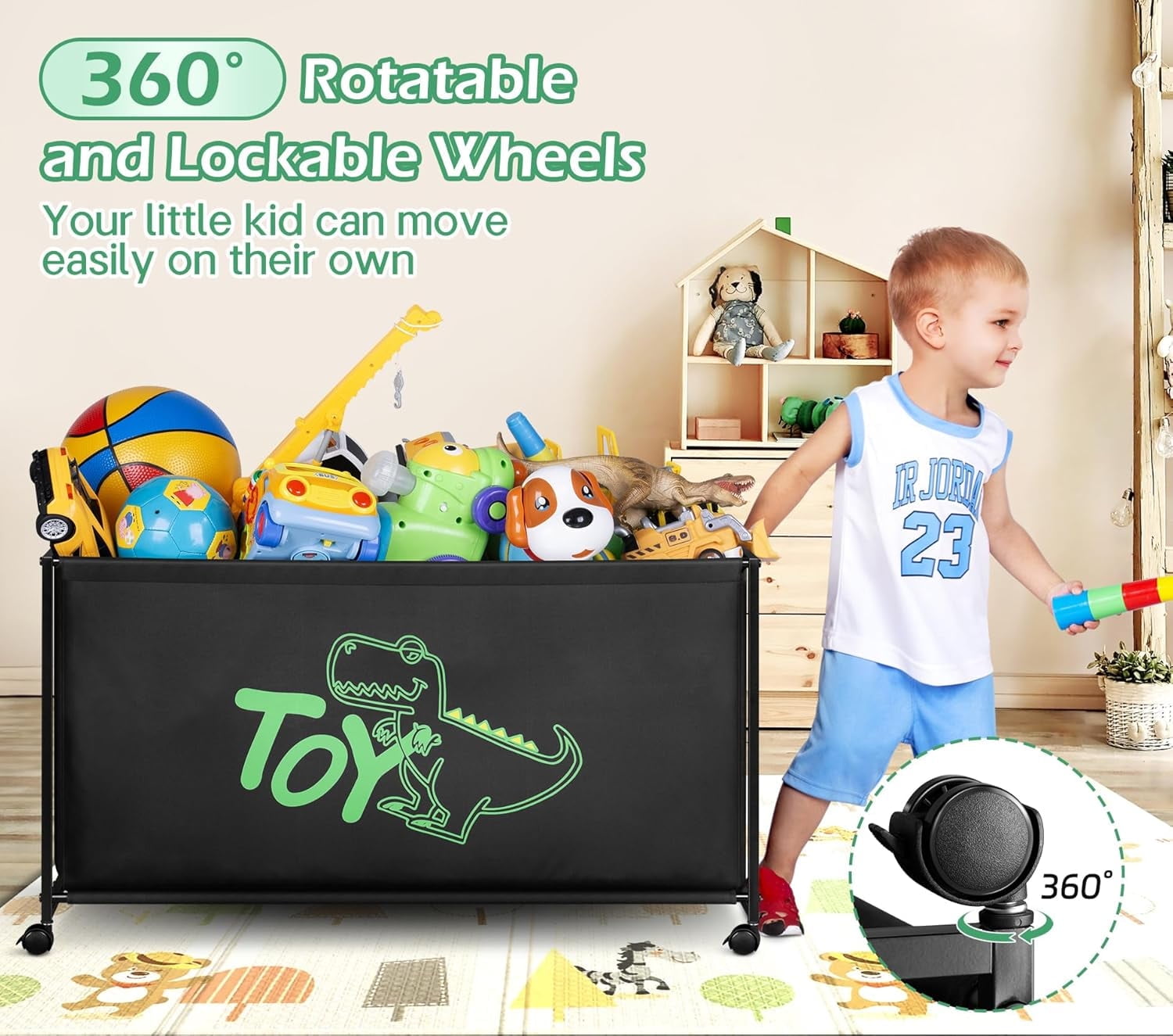 Large Toy Box with Wheels for Kids - 124L Black Storage Bin for Toys