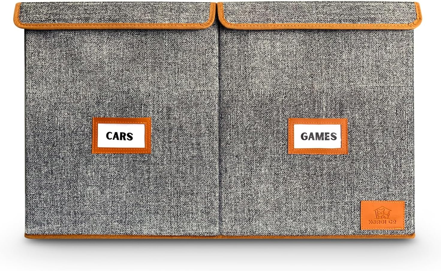 Large Toy Storage Bin with Double Lid and Handles, Inner Divider, Kid Playroom organization, Collapsible, Modern, Labels, Leather Accents, 26" x 14" x 16" (Black and White Pattern)