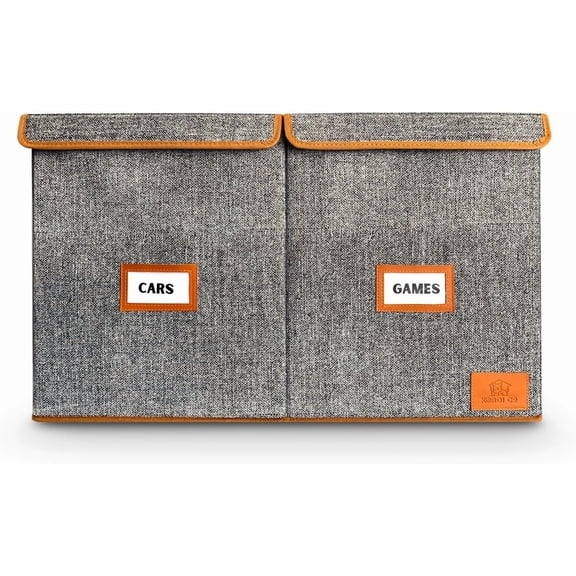 Large Toy Storage Bin with Double Lid and Handles, Inner Divider, Kid Playroom organization, Collapsible, Modern, Labels, Leather Accents, 26" x 14" x 16" (Black and White Pattern)