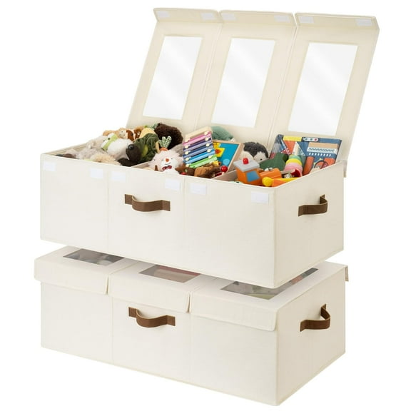 Large Toy Storage Bins with Lids, Collapsible Sturdy Toy Chests, Storage Chests with Dividers for Nursery, Living Room, Playroom, Bedroom, Beige, 2-Pack