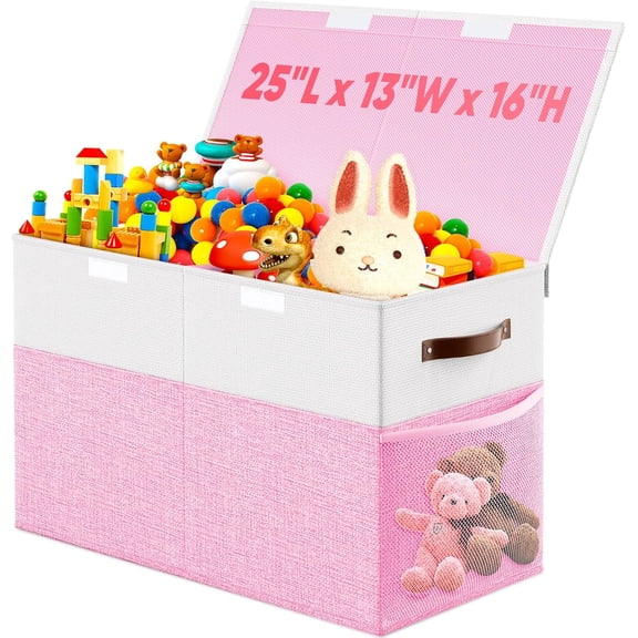 Large Toy Storage Box with Lid Divider, Sturdy Collapsible Toys Organizer Chest Kids Storage Bins Boxes Baskets for Boys, Girls, Nursery, Bedroom, Living Room, Playroom, 25"x13"x16", Pink and White