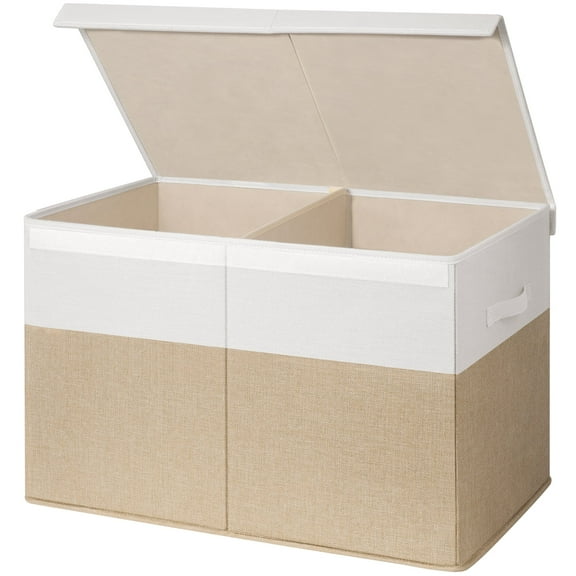 Large Storage Box with Lids, Collapsible Sturdy Storage Organizer Chest Bin Basket for Bedroom, Closet 25"x13"x16" (Beige & White）