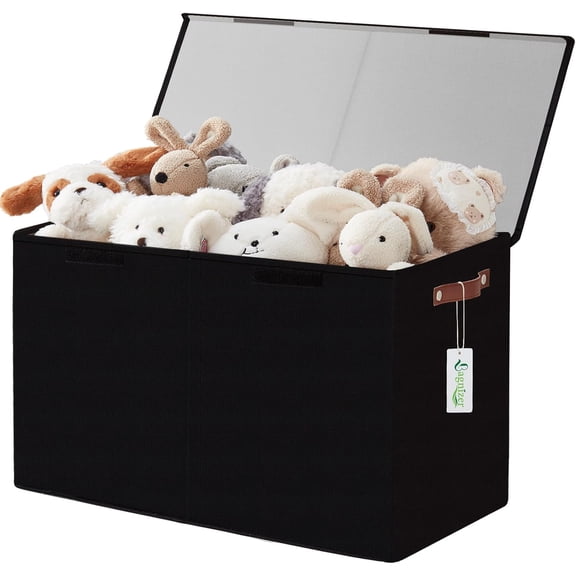 Large Toy Storage Box with Lids, Collapsible Sturdy Baby Storage Organizer Chest Bin Basket for Kids, Boys, Girls, Playroom, Nursery, Bedroom, Closet 25"x13"x16" (Black)