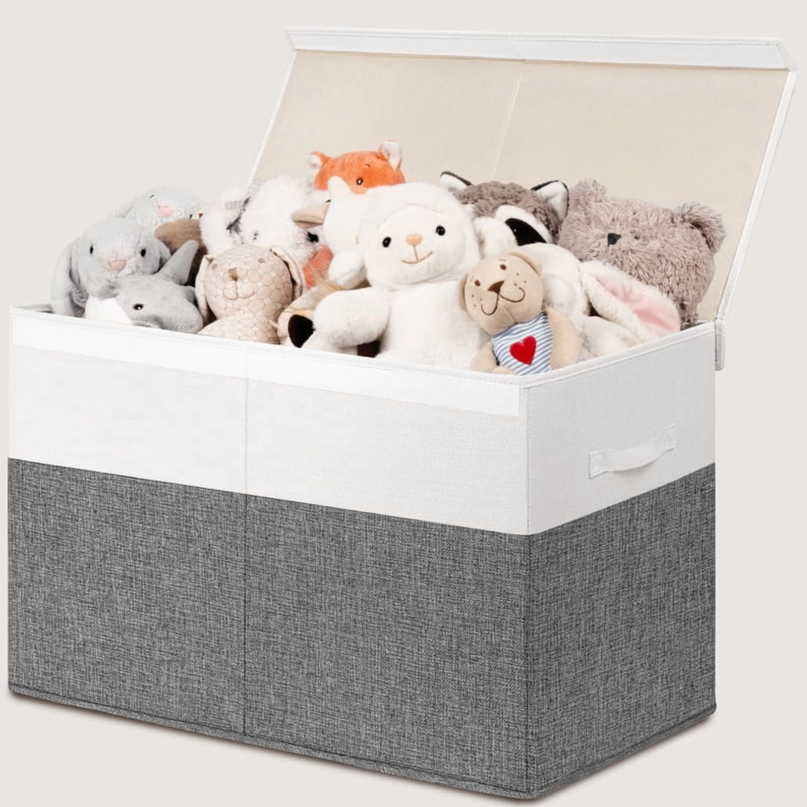 Large Toy Storage Box with Lids, Collapsible Sturdy Baby Storage Organizer Chest Bin Basket for Kids, Boys, Girls, Playroom, Nursery, Bedroom, Closet 25"x13"x16" (Grey & White）
