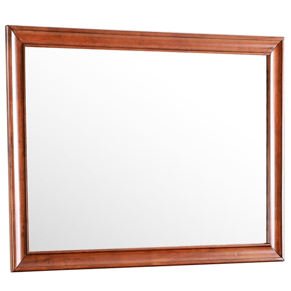 Large Transitional Mirror with Oak Hue | Used in Bedroom for Clear Imaging | Particle Board and Wood Veneer Construction | Overcomes Image Distortion