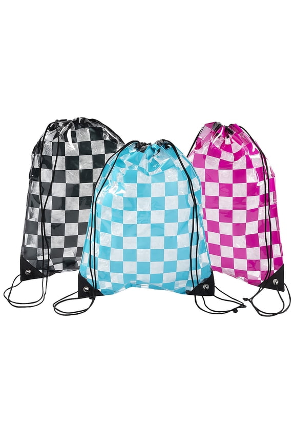 Large Transparent Checkerboard Drawstring Bags - 6 Pieces