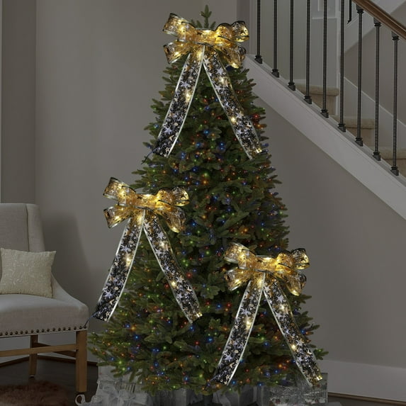 Large Transparent Gold Ribbon Bow - Glowing Christmas Tree Topper, Easy Hang Decorations for Indoor & Outdoor Use - Versatile Holiday Accessories