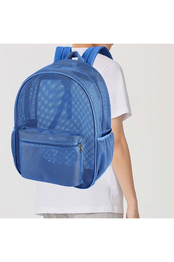 Large Transparent Mesh Backpack - 43x32x15cm Nylon Beach Bag for Swimming, Pool, Camping & Grocery | Lightweight & Breathable | Stadium Approved | Front Pocket | Gray/Blue/Pink