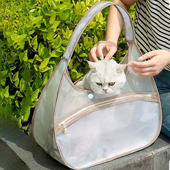 Large Transparent Mesh Pet Carrier Bag, Portable Foldable Handheld Soft-Sided Kennel for Small Medium Dogs Cats, Travel Vet Grooming, Breathable & Washable(Beige)