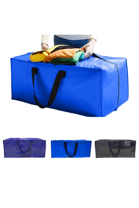 Large Transparent Woven Plastic Moving Bag, 73x37x34cm, Heavy Duty Storage Tote with Double Zipper, Blue, Reusable & Foldable Organizer
