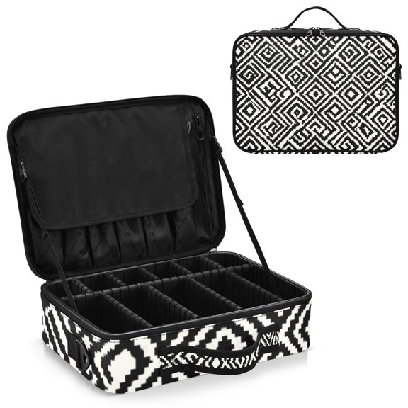 Large Travel Artist Makeup Bag With Adjustable Dividers &12 Brush Slots Portable Cosmetic Organizer Black&white Llines Pattern