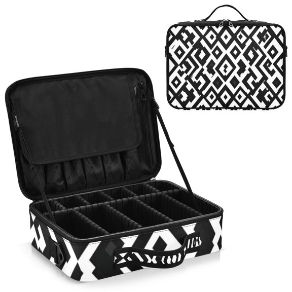 Large Travel Artist Makeup Bag With Adjustable Dividers &12 Brush Slots Portable Cosmetic Organizer Black&white Pattern