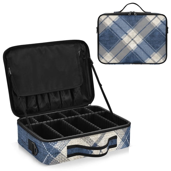 Large Travel Artist Makeup Bag With Adjustable Dividers &12 Brush Slots Portable Cosmetic Organizer Plaid Navy Blue Beige