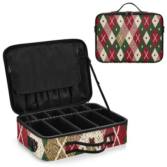 Large Travel Artist Makeup Bag With Adjustable Dividers &12 Brush Slots Portable Cosmetic Organizer Red Green White Pattern