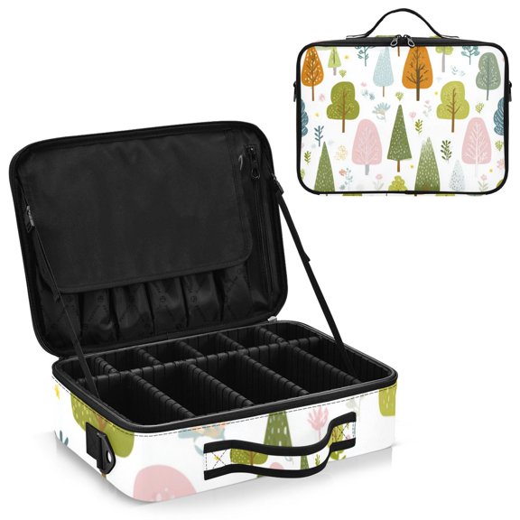 Large Travel Artist Makeup Bag With Adjustable Dividers &12 Brush Slots Portable Cosmetic Organizer Simple Forest