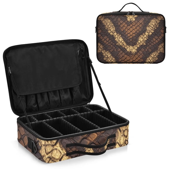 Large Travel Artist Makeup Bag With Adjustable Dividers &12 Brush Slots Portable Cosmetic Organizer Snake Skin Pattern