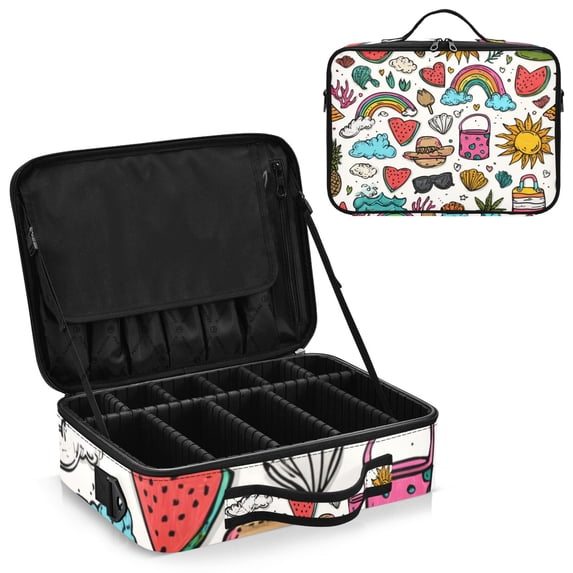 Large Travel Artist Makeup Bag With Adjustable Dividers &12 Brush Slots Portable Cosmetic Organizer Summer Elements Sticker