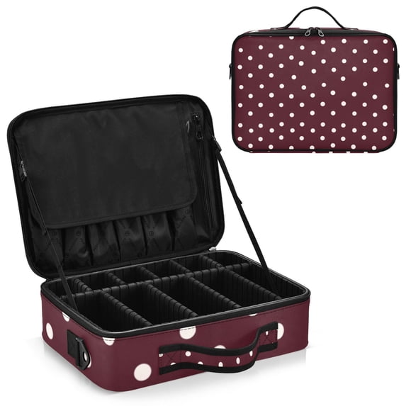 Large Travel Artist Makeup Bag With Adjustable Dividers &12 Brush Slots Portable Cosmetic Organizer White Dots on A Dark Red Background