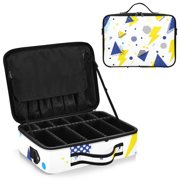 Large Travel Artist Makeup Bag With Adjustable Dividers &12 Brush Slots Portable Cosmetic Organizer Yellow and Blue Triangles Dots