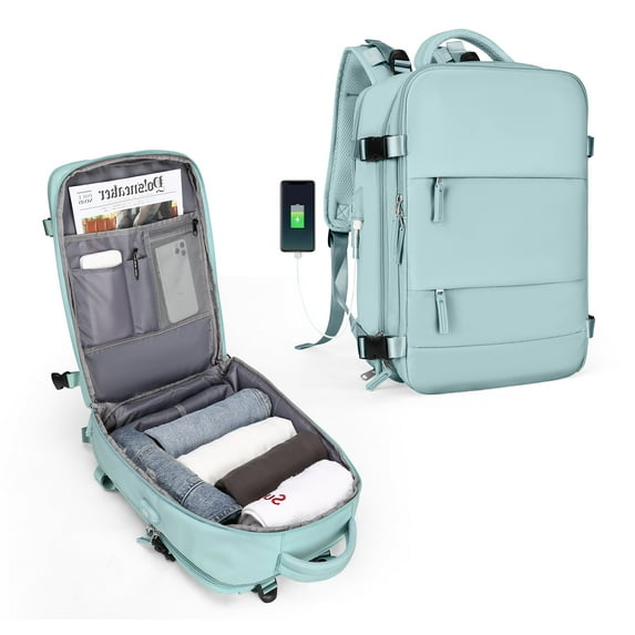 Large Travel Backpack Women, Carry On Backpack,Hiking Backpack Waterproof Outdoor Sports Rucksack Casual Daypack School Bag Fit 15.6 Inch Laptop with USB Charging Port Shoes Compartment Light Blue