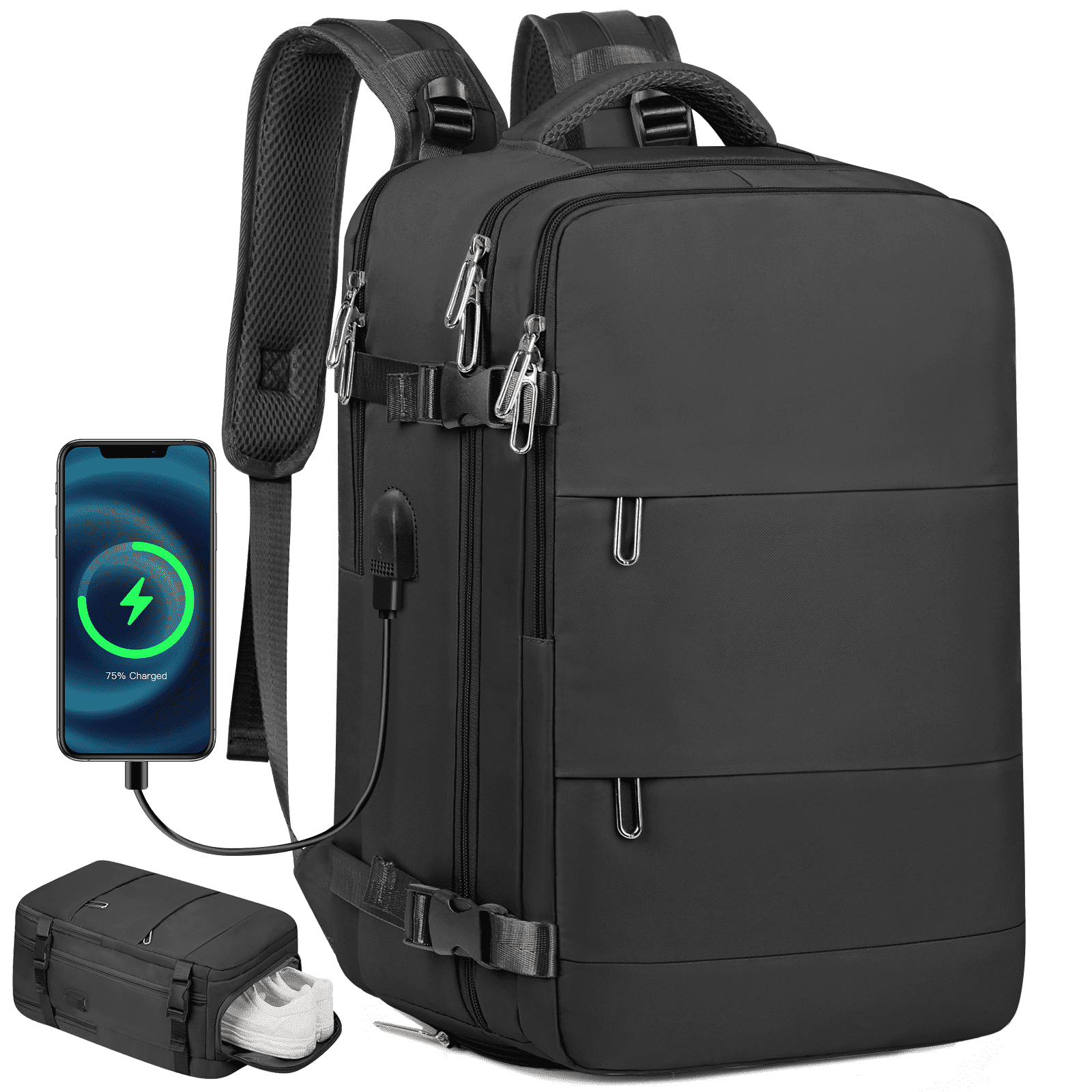 DAKOMM Travel Backpack for Women Men, Carry On Backpack with USB Charging Port & Shoe Pouch, TSA 17.7 inch Laptop Backpack Flight Approved, Nurse Bag Daypack for Weekender Business Hiking, Black