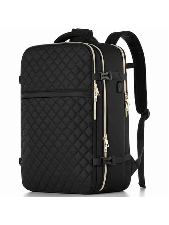 Large Travel Backpack Women, Flight Approved Carry On Backpack, Water Resistant Anti-Theft Casual Daypack School Bag Fit 18.4 Inch Laptop with USB Charging Port, Black