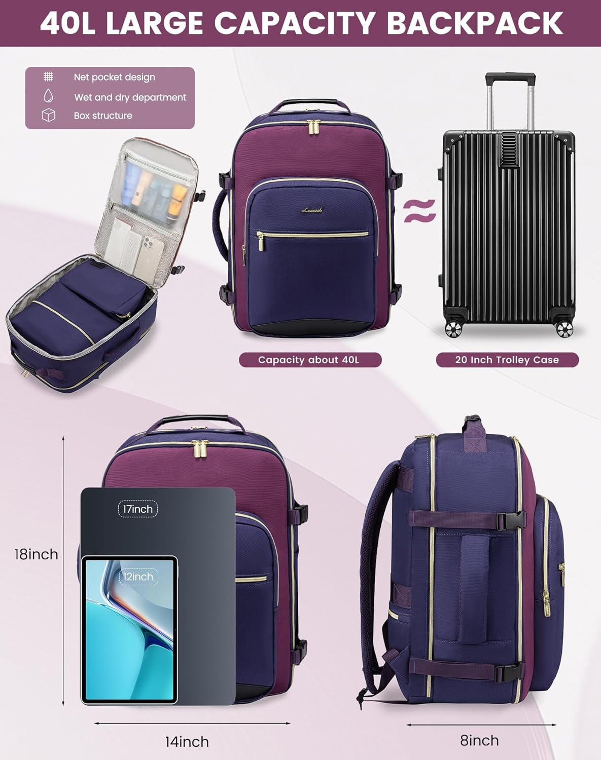 Large Travel Backpack for Women & Men, 40L Carry on Backpack for Airplanes, TSA Personal Item Travel Bag fits 17" Laptop, Waterproof Travel Essentials Airline Approved with 3 Packing Cubes