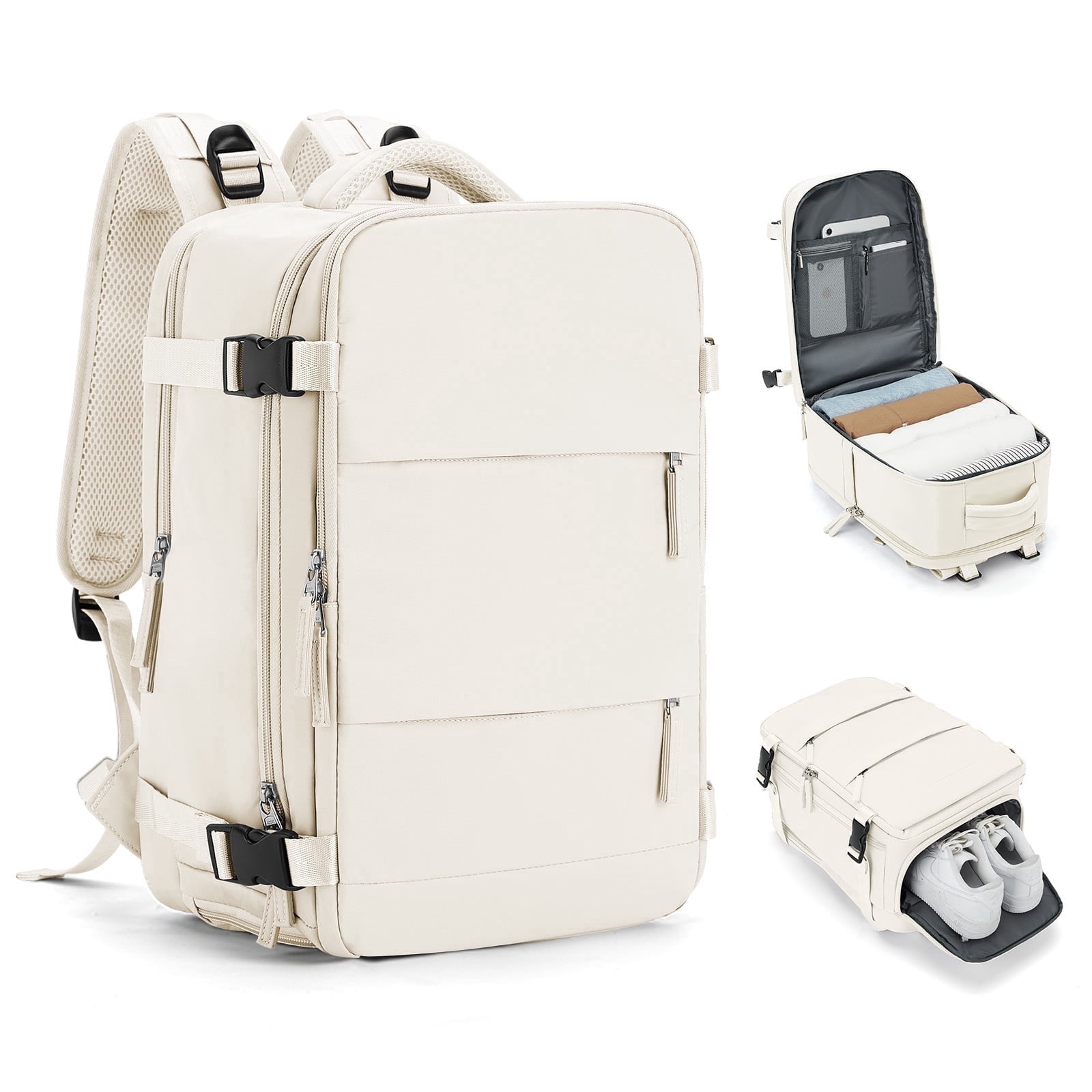 SYCNB Carry On Airplane Approved Waterproof Travel Backpack, Large Daypack with Shoes Compartment & Laptop Sleeve for Women & Men, Hiking & Casual, Beige Flight Personal Item Bag