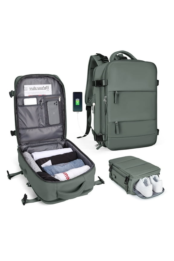 Large Travel Backpack Women, Men Carry On Backpack,Hiking Backpack Waterproof Outdoor Sports Casual Daypack School Bag Fit 15.6 Inch Laptop with USB Charging Port Shoes Compartment Green