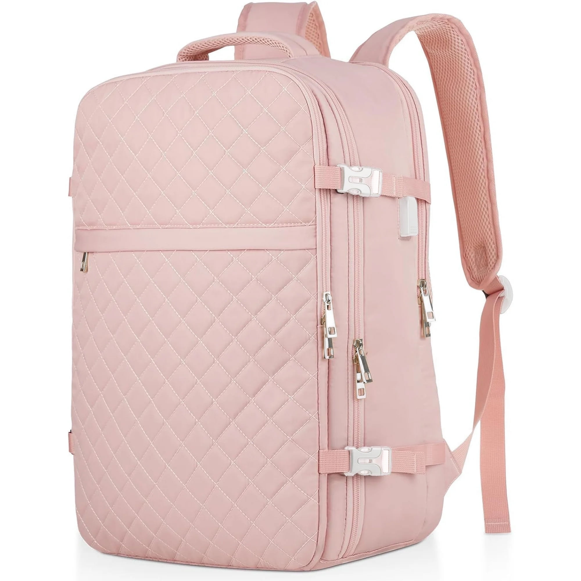 Travel Backpack For Women And Men, 40L Flight Approved Carry On Bag, Water Resistant Large Casual Daypack Fit 17 Inch Laptop with USB Charging Port, The Best Gift Choice, Pink