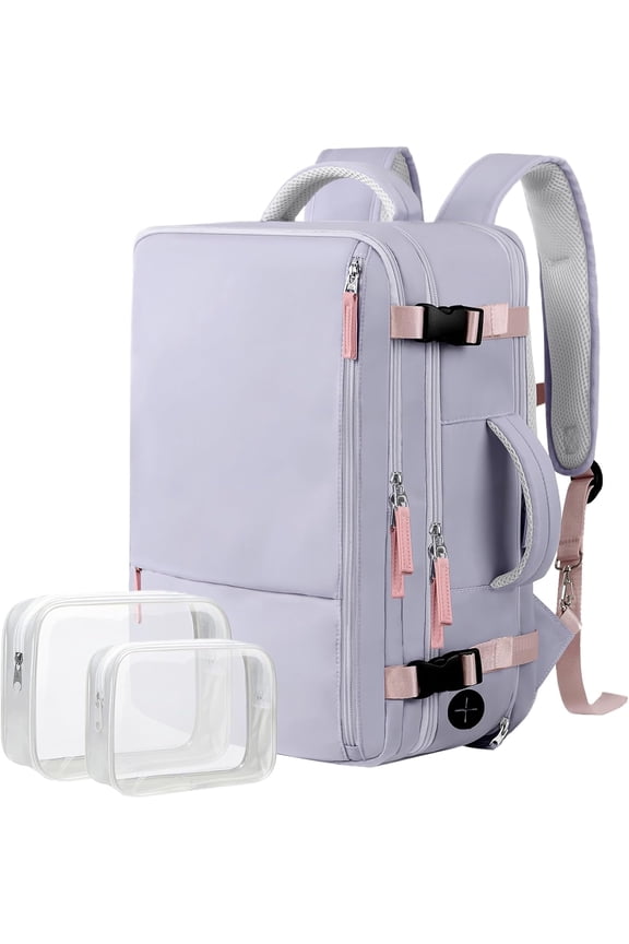 Large Travel Backpack for Women as Person Item Flight Approved, 40L Carry Backpack, 17 Inch Laptop Backpack for Business Bag with 2 Toiletry Bags (Gray Purple)
