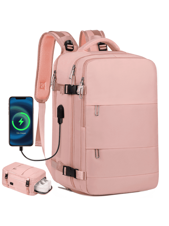 Travel Backpack for Women Men, Carry On Backpack with USB Charging Port & Shoe Pouch, TSA 17.7 inch Laptop Backpack Flight Approved, Nurse Bag Daypack for Weekender Business Trip Hiking, Pink