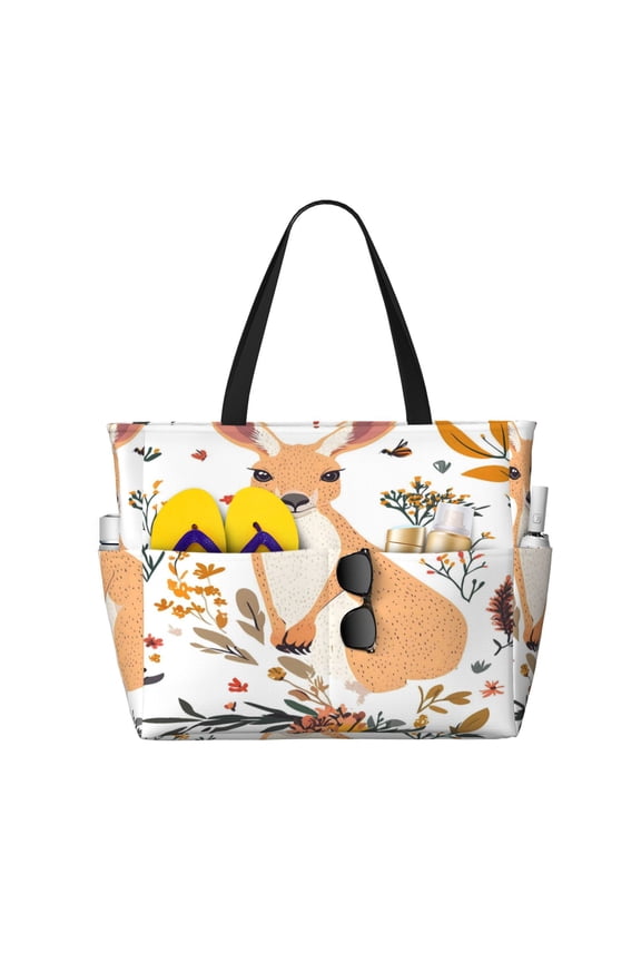 Large Travel Bag Waterproof Beach Bag Lightweight Oversized Tote For The Pool, Gym, Or Overnight Trips, Foldable Carryall Kangaroo And Flower