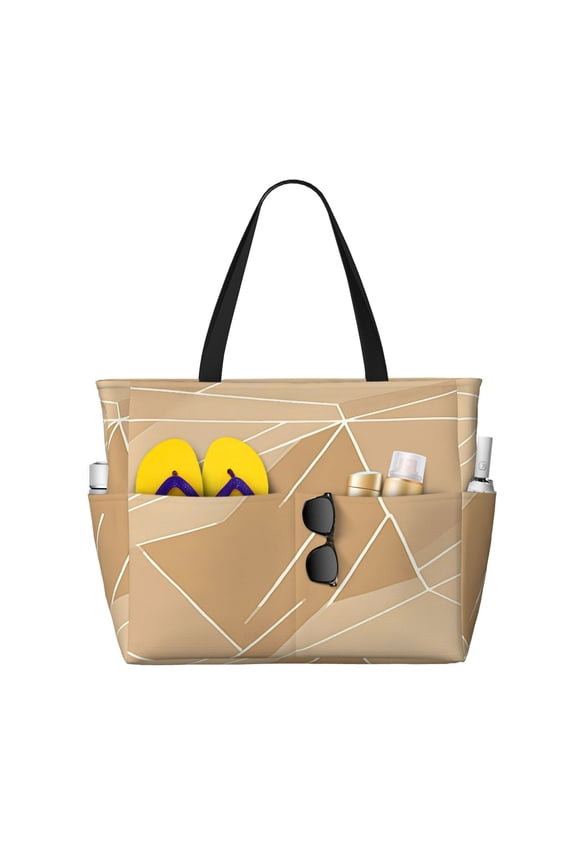 Large Travel Bag Waterproof Beach Bag Lightweight Oversized Tote For The Pool, Gym, Or Overnight Trips, Foldable Carryall Tan Geometric Lines_2