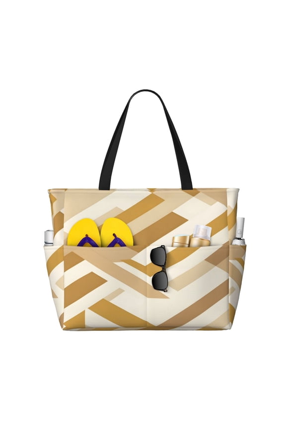 Large Travel Bag Waterproof Beach Bag Lightweight Oversized Tote For The Pool, Gym, Or Overnight Trips, Foldable Carryall Tan Geometric Lines_3