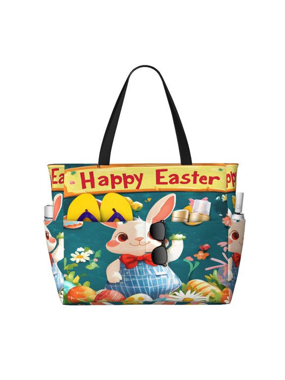 Large Travel Bag Waterproof Beach Bag Lightweight Oversized Tote For The Pool, Gym, Or Overnight Trips, Foldable Carryall Happy Easter Rabbit Carrots Bowknot Daisy Egg