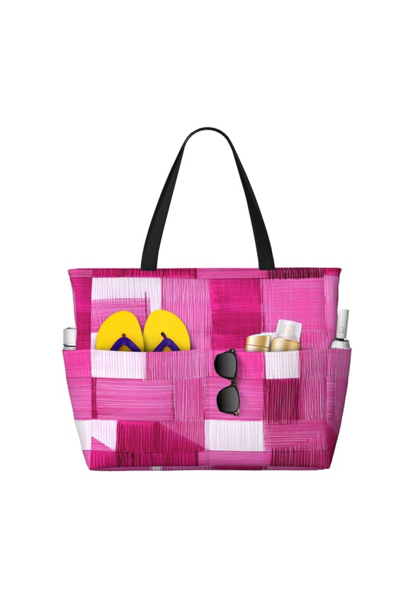 Large Travel Bag Waterproof Beach Bag Lightweight Oversized Tote For The Pool, Gym, Or Overnight Trips, Foldable Carryall Pink Abstract Houndstooth Hand-Drawn Sketch_1