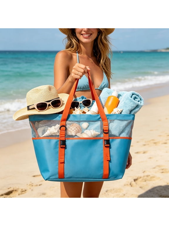 Large Travel Beach Tote Bag with Clear Top, Oxford Cloth Carryall for Swim, Shopping, Office, Home Storage, Vacation Organizer