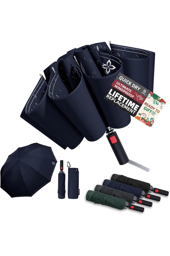 Large Travel Inverted Umbrella, 55" 10 Ribs Windproof for Rain & Sun, Reverse Auto open/close Compact Portable for Men, Reflective Thread for Night Safety