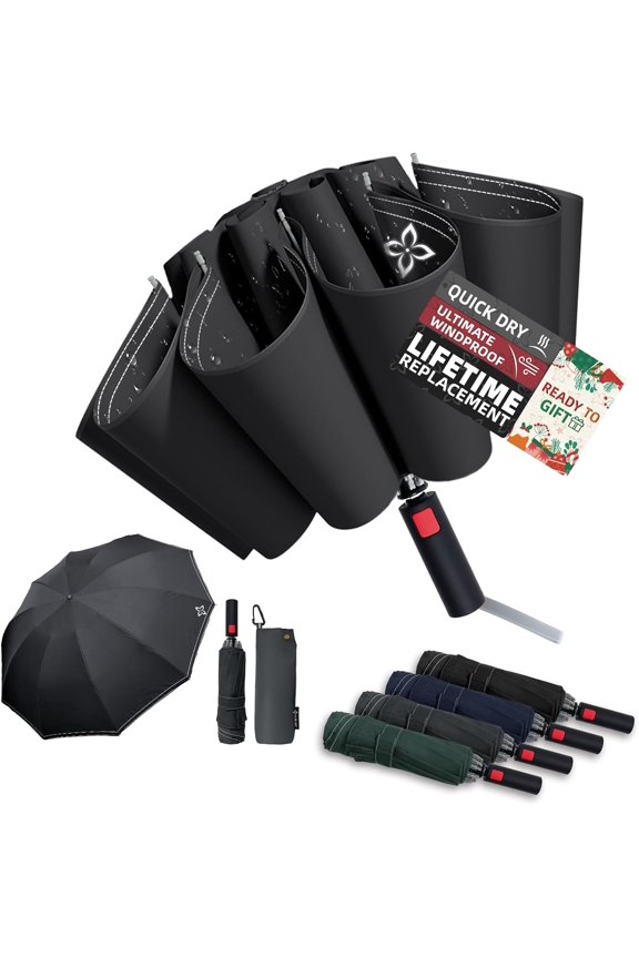 Large Travel Inverted Umbrella, 55" 10 Ribs Windproof for Rain & Sun, Reverse Auto open/close Compact Portable for Men, Reflective Thread for Night Safety
