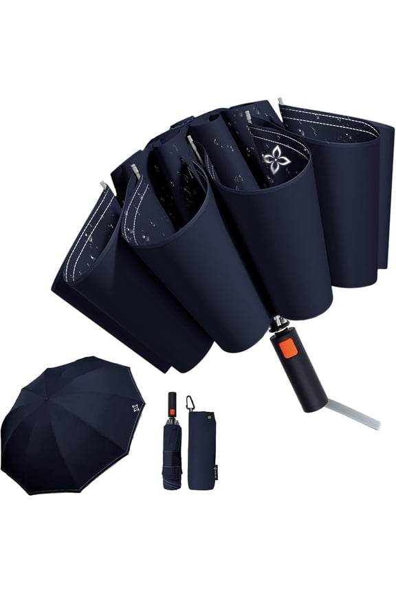 Large Travel Inverted Umbrella, 55" 10 Ribs Windproof for Rain & Sun, Reverse Auto open/close Compact Portable for Men, Reflective Thread for Night Safety