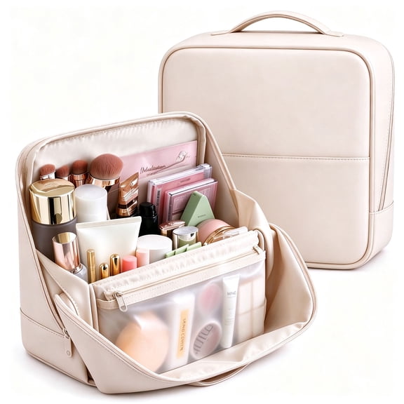 Large Travel Makeup Bag with Magnetic Fold-Down Flap, Waterproof Leather Cosmetic Organizer with Clear Pocket, Multi-Zone Standing Toiletry Storage for Women