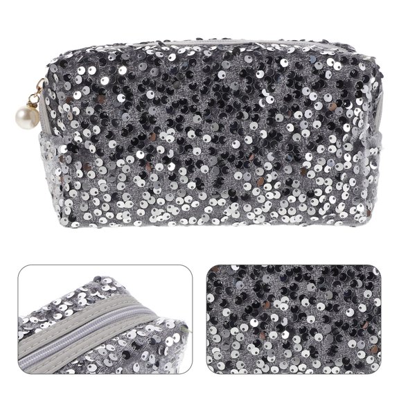 Large Travel Makeup Bag with Sequin Design Portable Cosmetic Organizer for Storage
