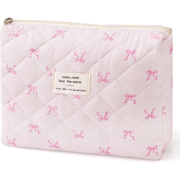 Large Travel Quilted Makeup Bag,Cute Bow bag, Fashionable aesthetic makeup bag, Aesthetic Floral Travel Toiletry Bag for Women