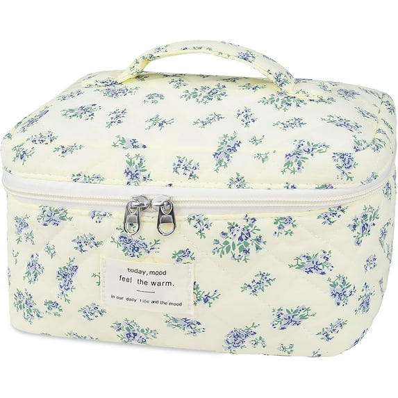 Large Travel Quilted Makeup Bag for Women,Big Floral Cotton Cosmetic Bag, Cute Coquette Aesthetic Floral Toiletry Organizer Bag (Blue Flower)