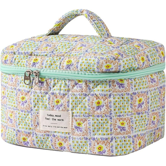Large Travel Quilted Makeup Bag for Women, Floral Cotton Cosmetic Bag, Coquette Aesthetic Floral Toiletry Organizer Bag (01Lithtblue-flower)