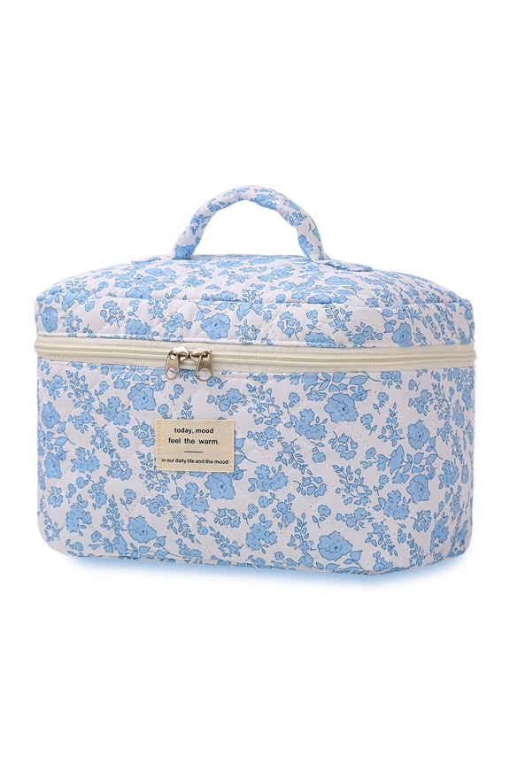 Large Travel Quilted Makeup Bag for Women Girls,Soft Floral Cosmetic Bag, Cute Coquette Aesthetic Flowers Fabric Toiletry Organizer Bag Blue Flower