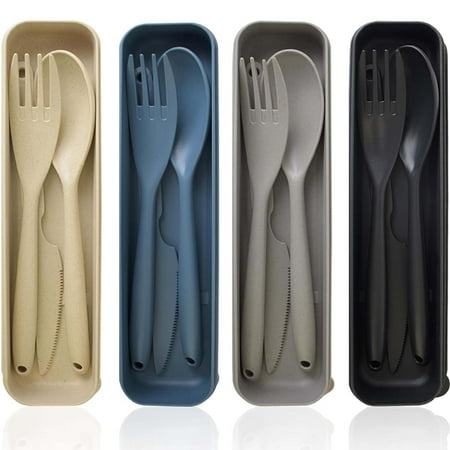 Large Travel Utensils with Case, 4 Pack Wheat Straw Flatware Reusable Utensils Knife Fork Spoon Set