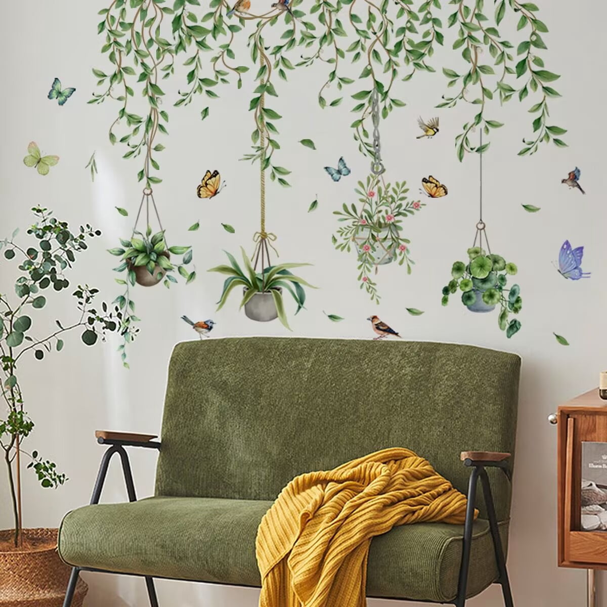 Large Tree Branch Hanging Vine Wall Stickers Green Leaf Flower Birds ...