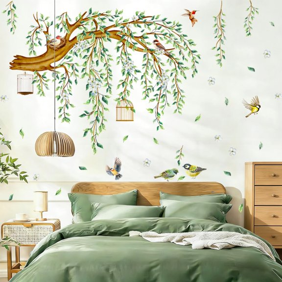 Large Tree Branch Wall Decals Hanging Green Vine Leaves Birds Nest Wall Art Stickers Spring Blossom Flower Tree Home Decor Murals for Living Room Bedroom Tv Background Decor